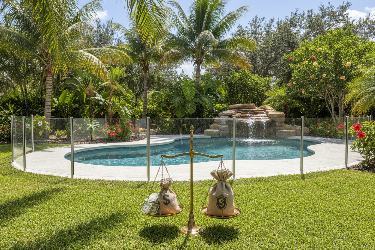 Beautiful resort style pool with a child safety barrier fence and a stone waterfall feature.