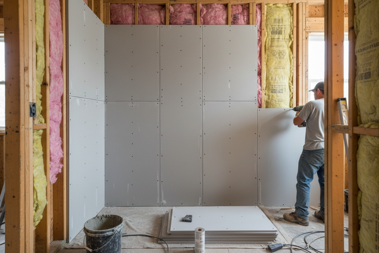 Backer board being installed in a yulee shower with insulation still visible between wall studs.