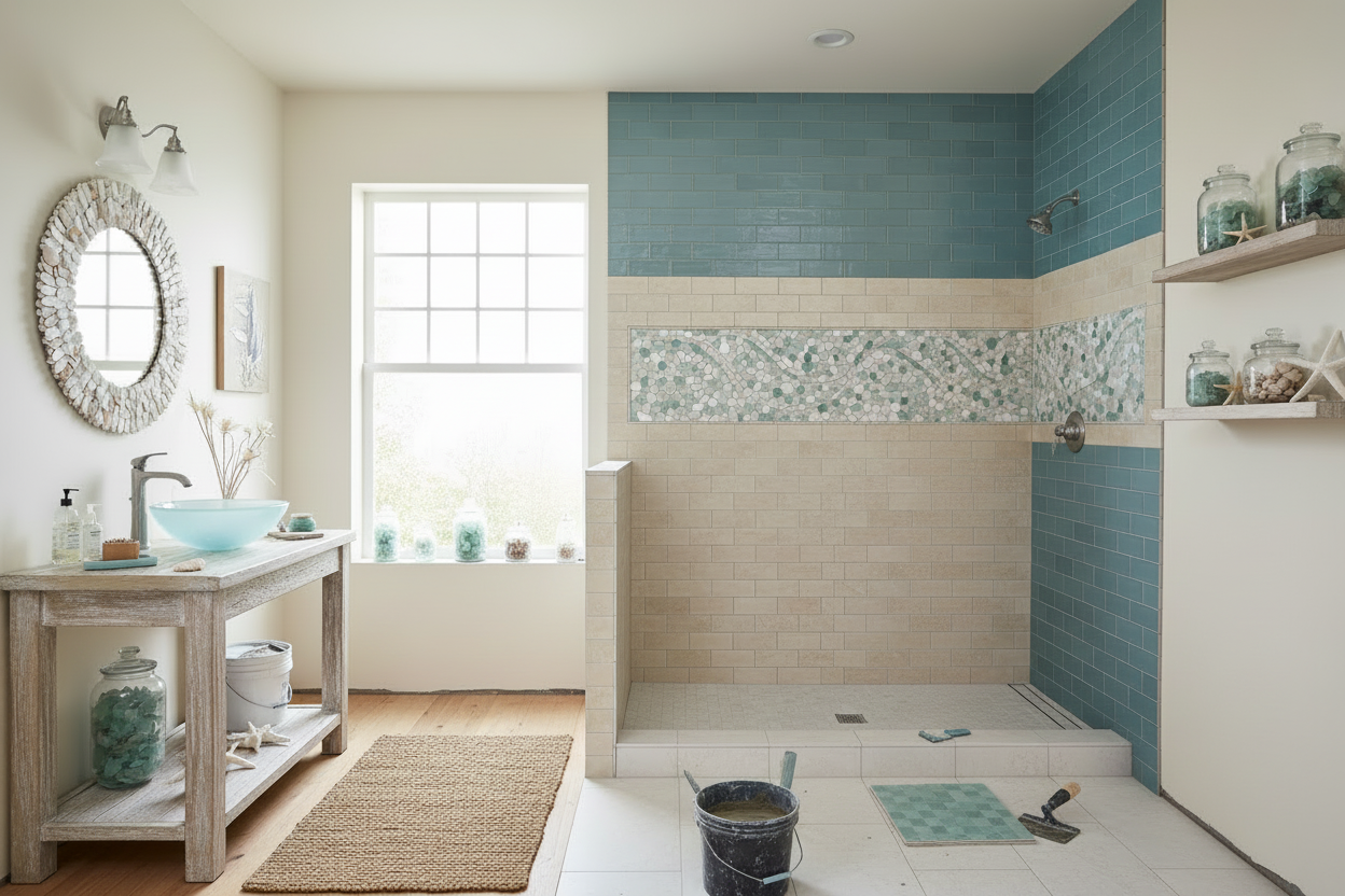 Beautiful tile shower in an open-air beach-themed bathroom with aqua mosaic tile and sand colored tile on the walls.