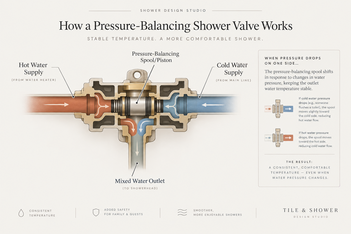 Pressure-balance valve — valve & hardware options idea from Sand & Stone Tile