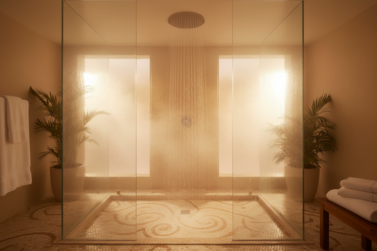 Rainfall Shower Heads in a custom tile shower by Sand & Stone Tile, Northeast Florida