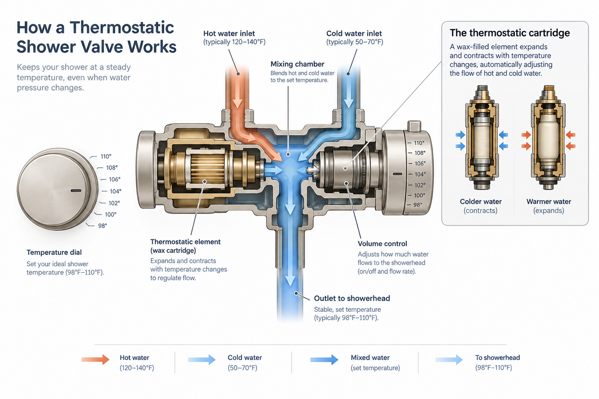 Thermostatic valve — valve & hardware options idea from Sand & Stone Tile